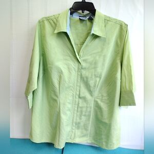 DCC Women's 3/4 Sleeve Zip Up Shirt Blouse Stretch Striped Green Size 2X